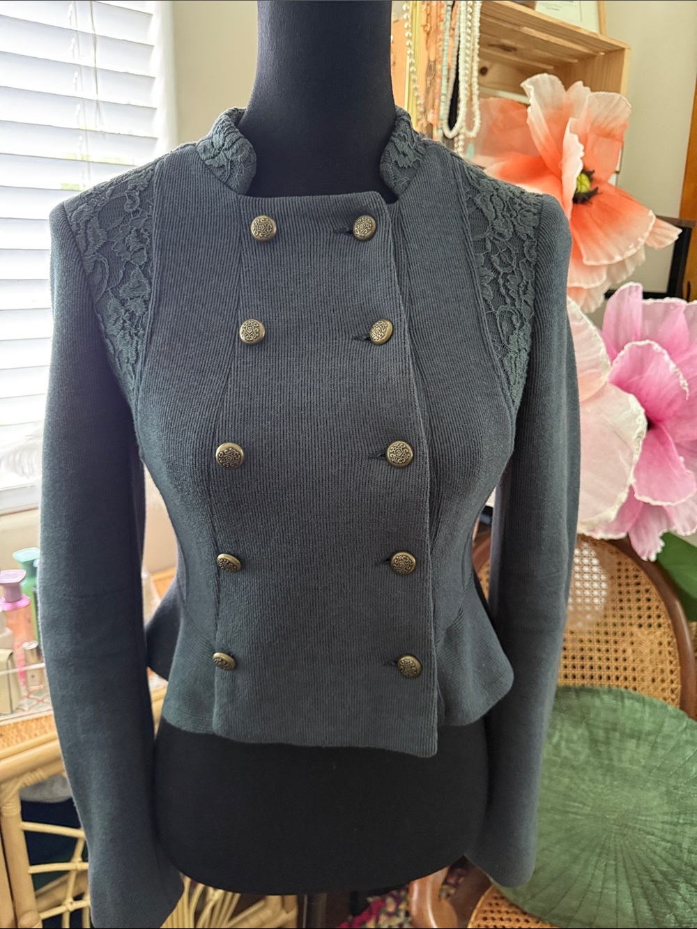 Free People We The Free Victorian Lace Gray Ribbed Peplum Military Band Jacket